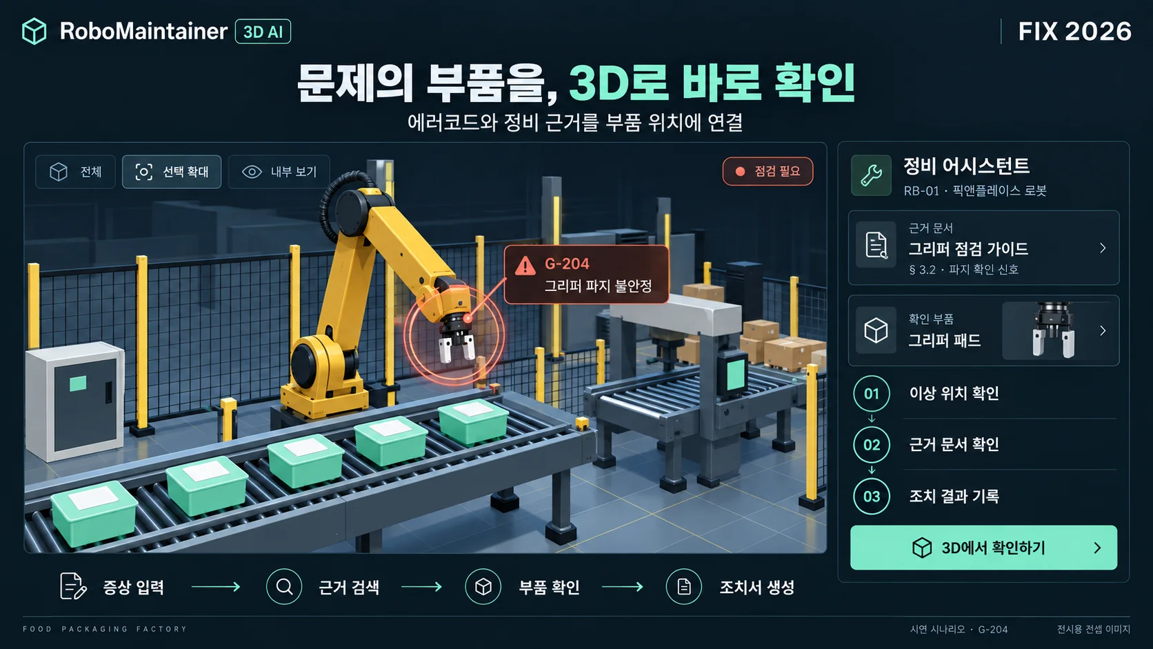 RoboMaintainer 3D AI 컨셉 이미지. 포장 라인의 로봇 그리퍼에 에러코드가 표시되고 정비 근거 문서와 점검 단계가 옆에 나열됨